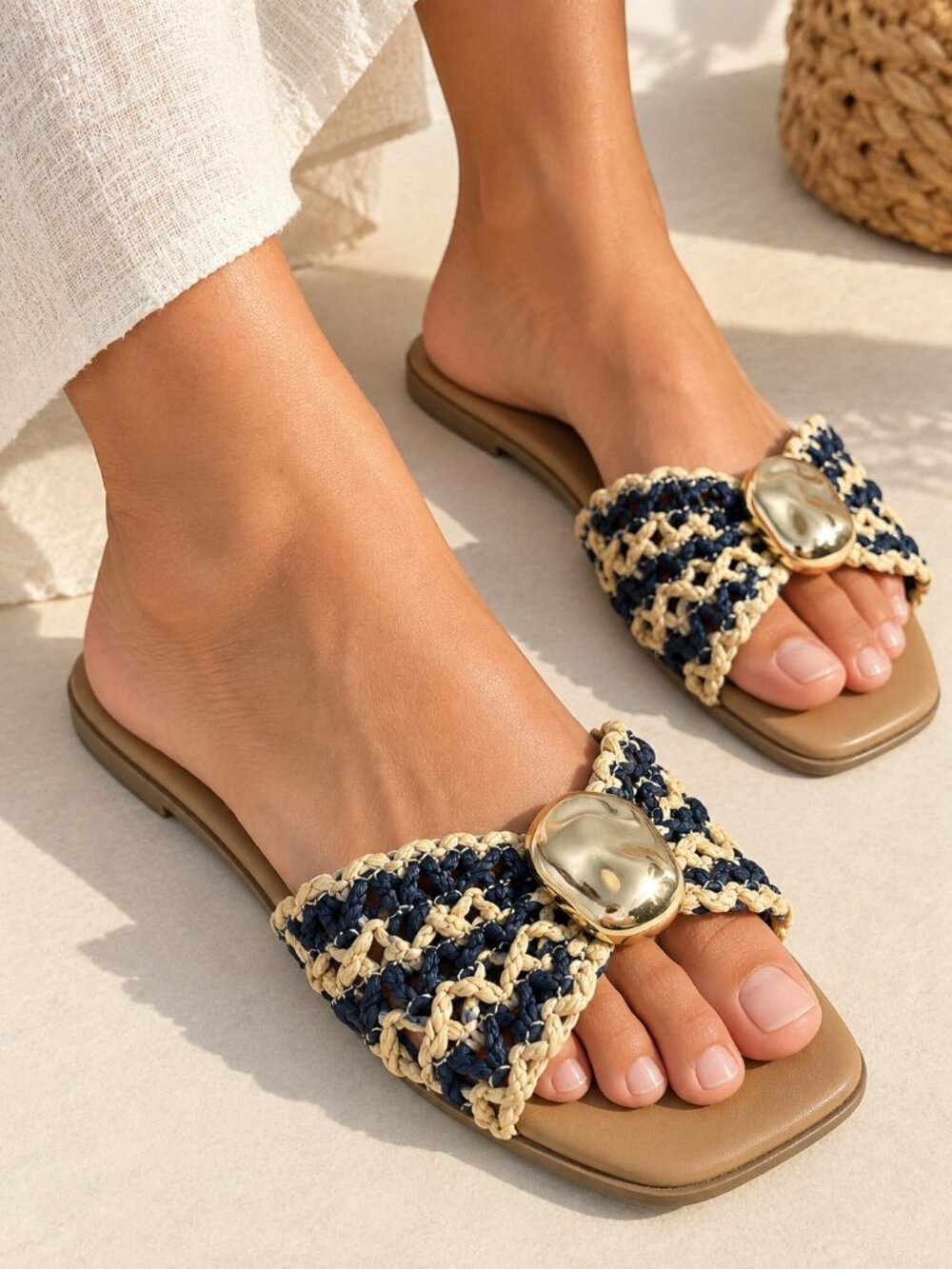 A New Day Raffia Woven Slide Sandals Navy & Beige Gold Accent Womens 11 NWT